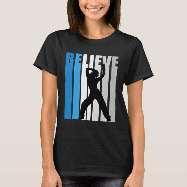 T-shirt Blue Womens Believe Dance Motivational Retro Graph (Devant)