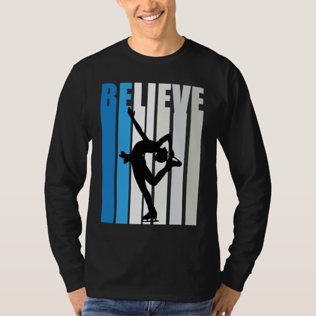 T-shirt Blue Womens Believe Ice Skating Motivational Retro (Devant)