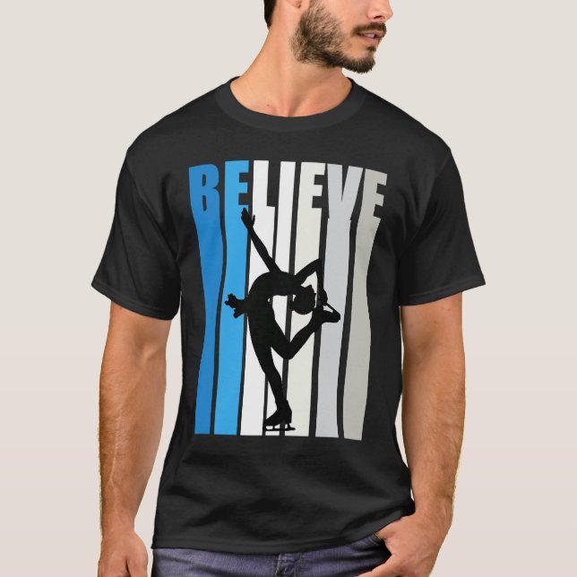 T-shirt Blue Womens Believe Ice Skating Motivational Retro (Devant)