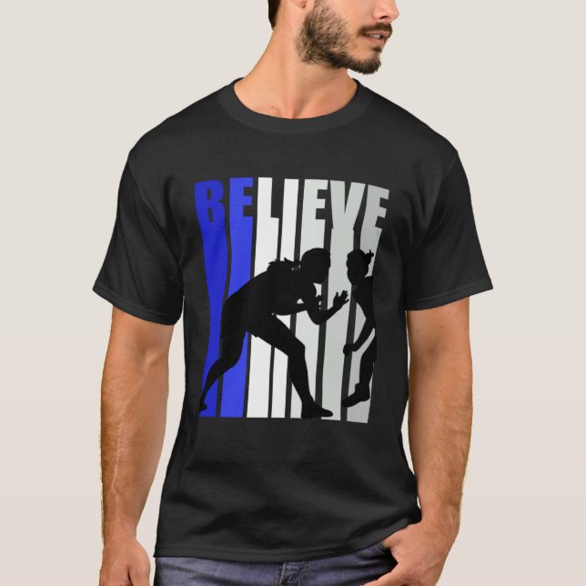 T-shirt Blue Womens Believe Wrestling Inspirational Squad  (Devant)