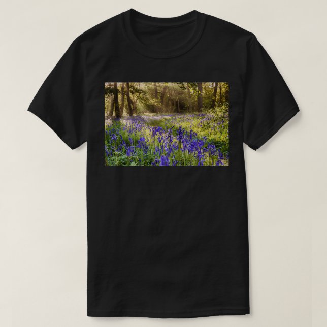 T-shirt Bluebells woodland path with glowing sunrise light (Design devant)