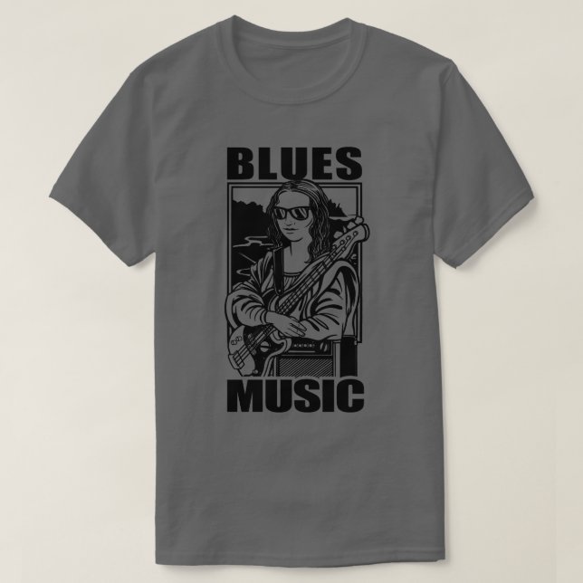 T-shirt Blues Music Mona Lisa avec guitare et amplificateu (Design devant)