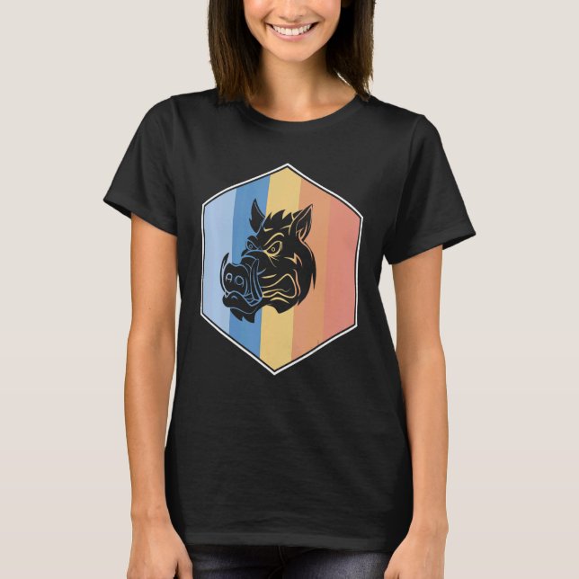 T-shirt Boar Aux Couleurs Rétro Dans Un Hexagon (Devant)