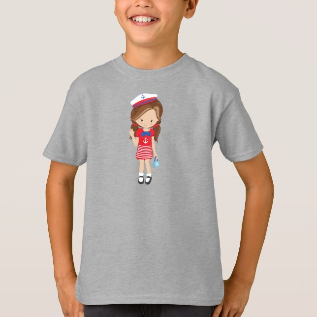 T-shirt Boat capitaine, skipper, Brown Hair, Cute Girl (Devant)