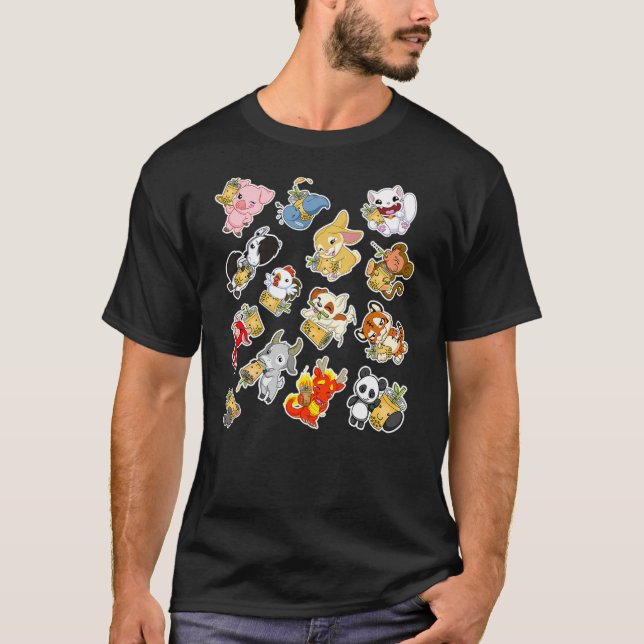 T-shirt Boba Bubble Milk Tea Chinese Zodiac Animals Anime  (Devant)