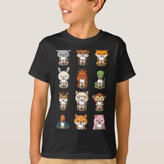 T-shirt Boba Bubble Milk Tea Chinese Zodiacs Animal Lunar  (Devant)