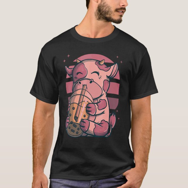 T-shirt Boba Buble Thé Vaches Coucher de soleil rose (Devant)