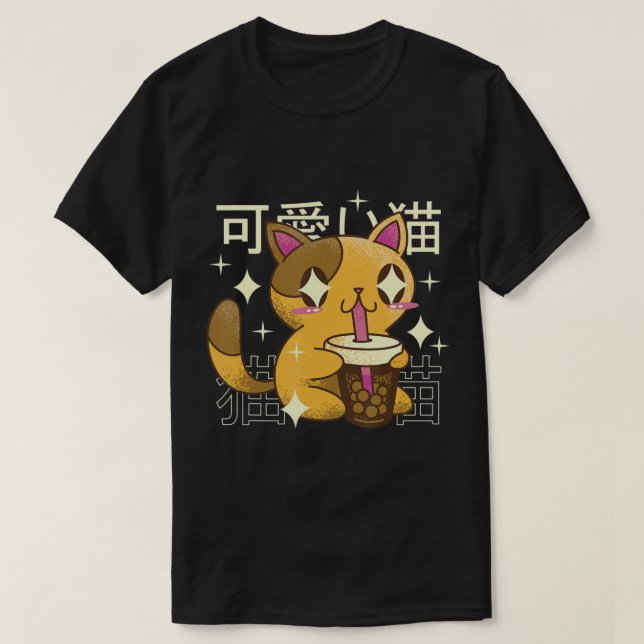 T-shirt Boba Cat Kawaii Anime Japonaise Nourriture Filles  (Design devant)