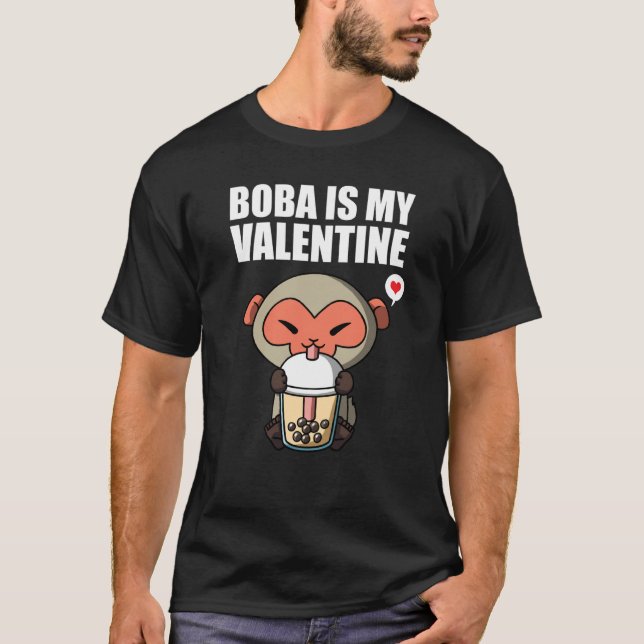 T-shirt Boba Tea is My Valentine Macaque Monkey Anti Valen (Devant)