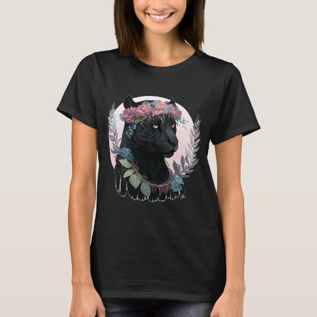 T-shirt Boho Ae mignon noir panthère fleur de couronne (Devant)