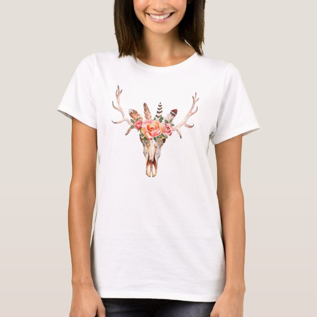 T-shirt BoHo Animal Skull Aquarelle Roses Matching chemise (Devant)