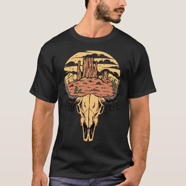 T-shirt Boho Bull Sketch Desert Sunset Roam Free Western C (Devant)