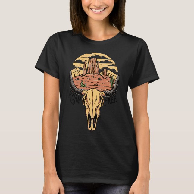 T-shirt Boho Bull Sketch Desert Sunset Roam Free Western C (Devant)