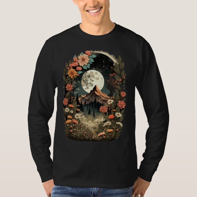 T-shirt Boho Chic Floral Moon Mountain Forest Nature Retro (Devant)