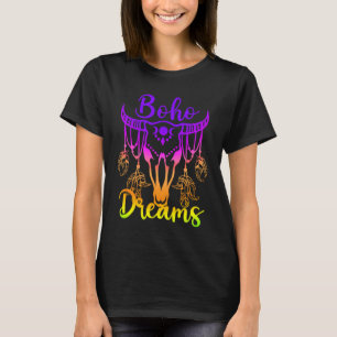 T-shirt Boho Dreams Crâne de Bétail Plumes Arc-en-Ciel Lum