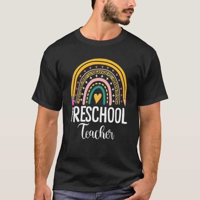 T-shirt Boho Enseignant préscolaire Rainbow Leopard Enseig (Devant)