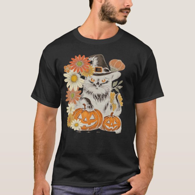 T-shirt Boho Floral automne Chat Noir Halloween Essential  (Devant)