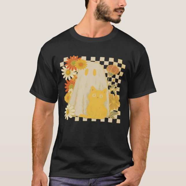 T-shirt Boho Floral Fall Ghost and Black Cat Halloween Fal (Devant)