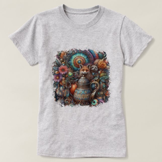T-shirt Boho Fox Raccoon Floral Design (Design devant)