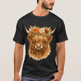 T-shirt Boho Highland Cow Coussin de jet avec couronne flo