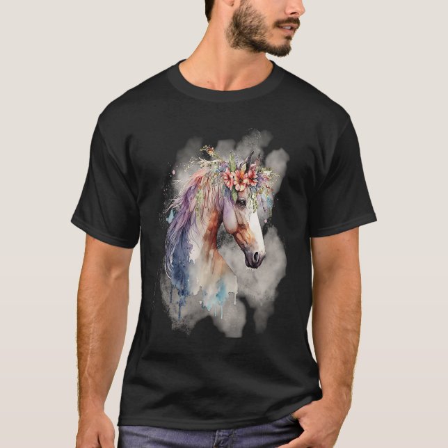 T-shirt Boho Magical Horse with Flowers Lavender Pink (Devant)