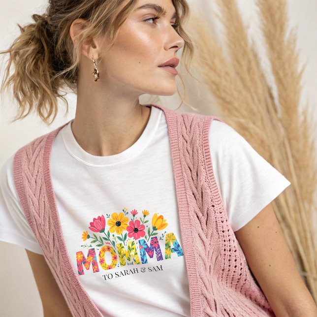T-shirt Boho Mama Texte avec Fleurs et Noms d'Enfants (Créateur téléchargé)