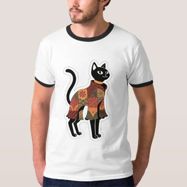 T-shirt Boho Patchwork Tee Graphique Chat Noir (Devant)