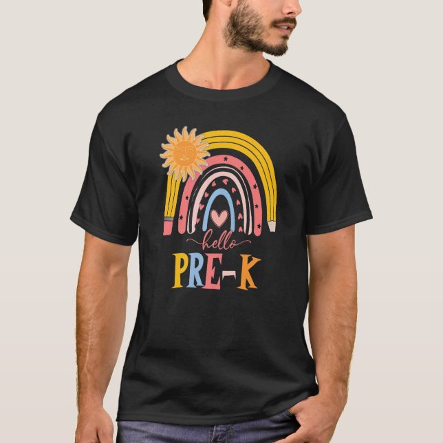 T-shirt Boho Rainbow Bonjour Pré K Enseignant Premier Jour (Devant)