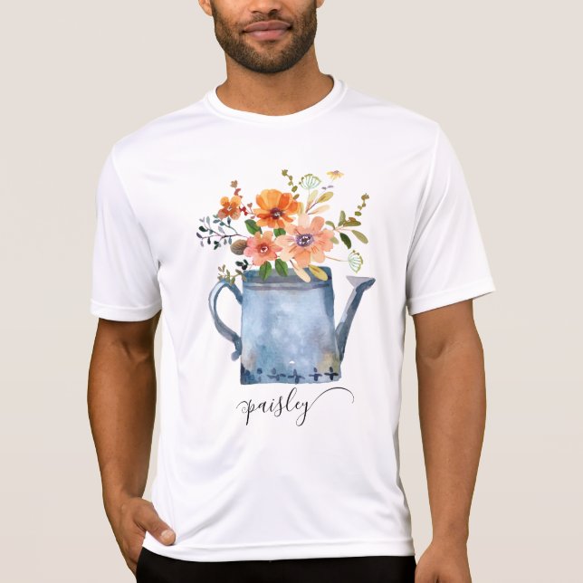 T-shirt Boho Rust Orange Aquarelle Fleurs Arrosage Can (Devant)