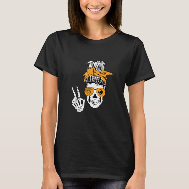 T-shirt Boho Skeleton Messy Bun Bandana Halloween Appareil (Devant)