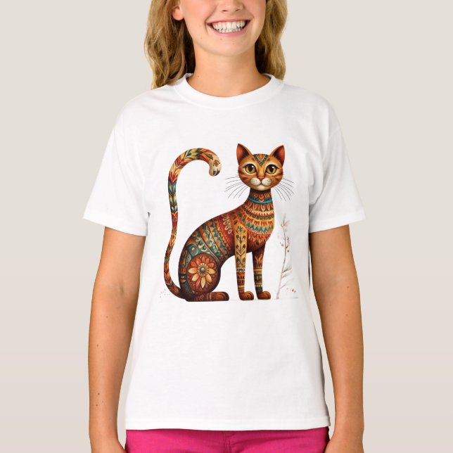 T-shirt Boho Tribal Chat Mignon Art Populaire avec Fleurs (Devant)