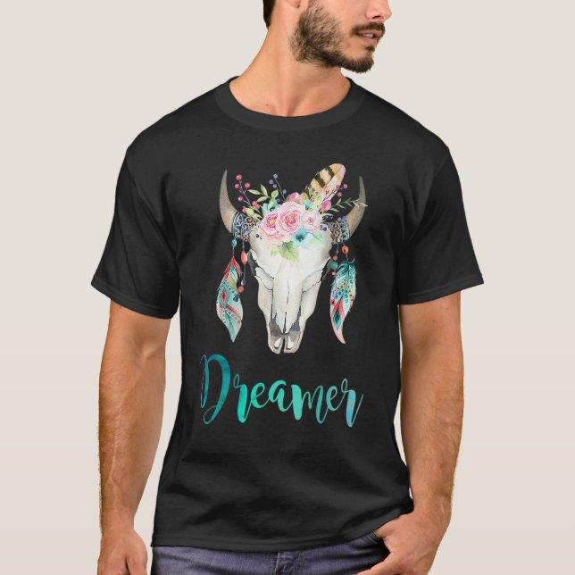 T-shirt Boho Vache Crâne Floral Et Plumes (Devant)
