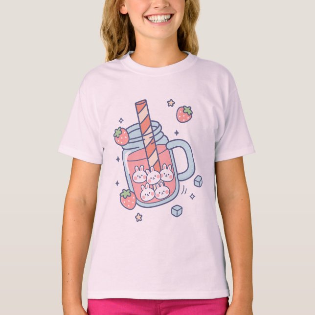 T-shirt Boisson Lapin Kawaii Fraise (Devant)