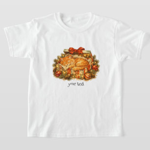 T-shirt Boîte Cadeau Rétro de Noël avec un Chat Orange Dou