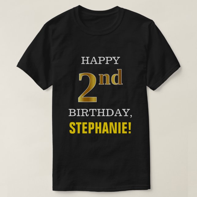 T-shirt Bold, Black, Faux Gold 2e anniversaire avec nom Ch (Design devant)
