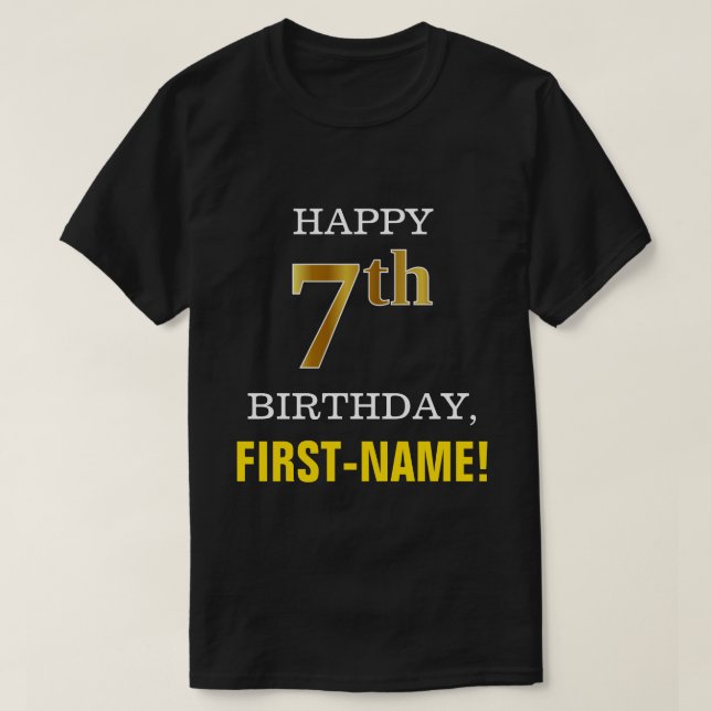 T-shirt Bold, Black, Faux Gold 7e anniversaire avec nom Ch (Design devant)