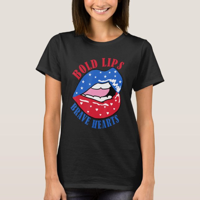 T-shirt Bold Lips Brave Heart US American Flag Patriotic L (Devant)