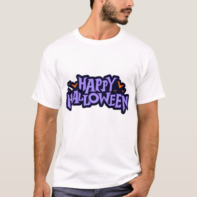 T-shirt Bold Purple & Orange Happy Halloween Bats Graphic (Devant)