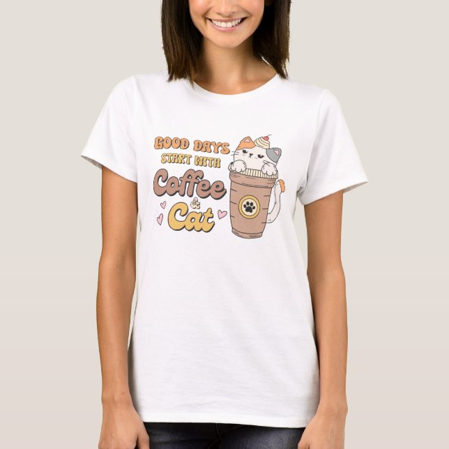 T-shirt Bon Jours Commencez avec le café et le chat Retro  (Devant)