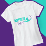 T-shirt Bonheur saute le coeur bondissant fille aqua viole<br><div class="desc">Le bonheur de la couche gymnastique graphique saute sur le t-shirt de slogan en aqua et violet. © Art et design par www.mylittleeden.com</div>