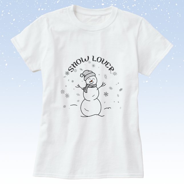 T-Shirt Bonhomme de Neige Amoureux de la Neige (White t-shirt with a grayscale illustration of a happy snowman, snowflakes, and SNOW LOVER text.)