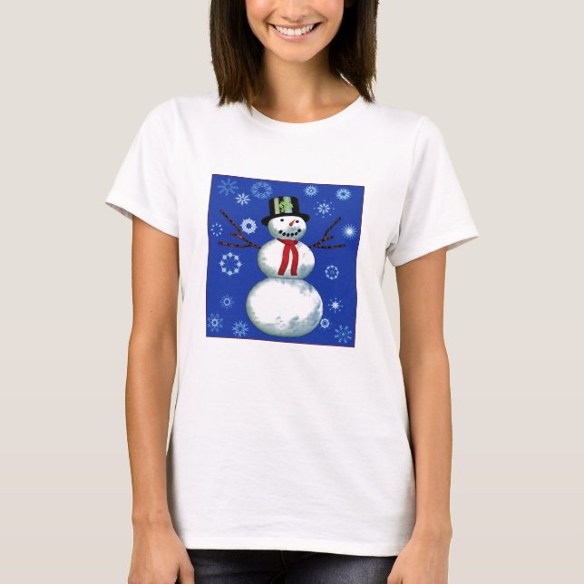 T-shirt bonhomme de neige joyeux dans le chapeau supérieur (Devant)