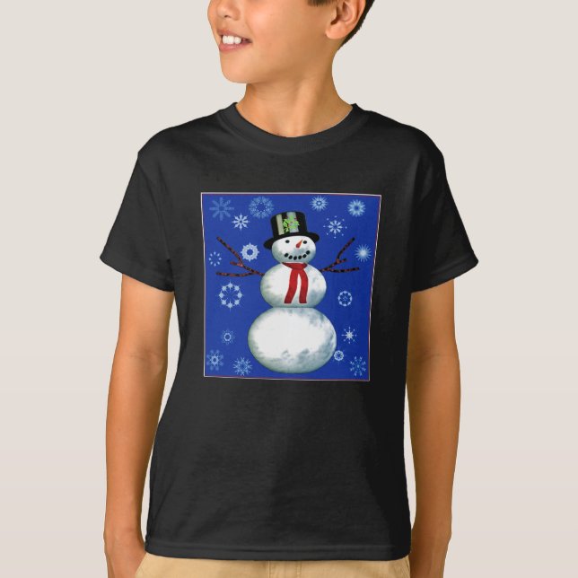 T-shirt bonhomme de neige joyeux dans le chapeau supérieur (Devant)