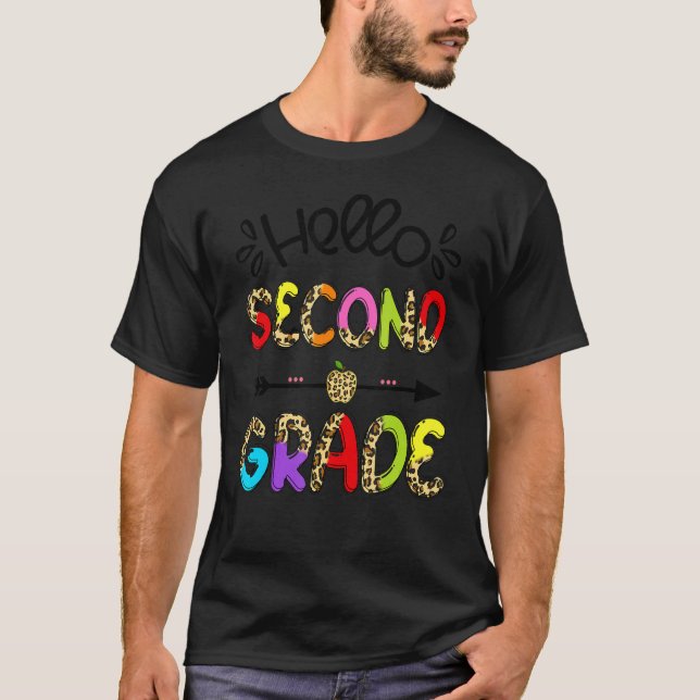 T-shirt Bonjour 2e année Leopard Apple Enseignant de 2e an (Devant)
