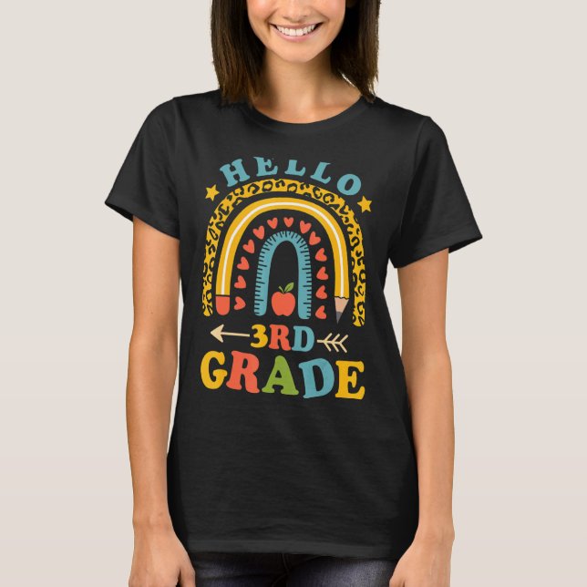 T-shirt Bonjour 3e année Enseignant Leopard Rainbow Retour (Devant)