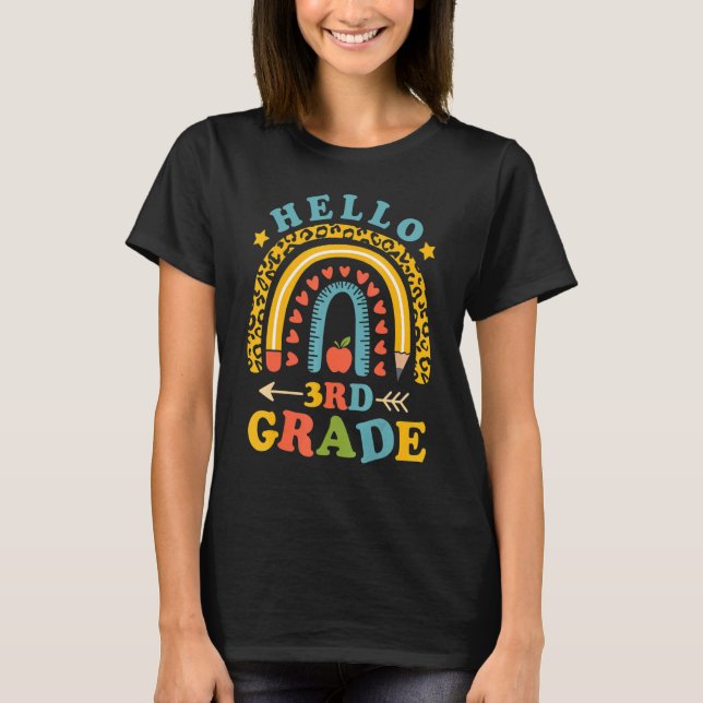 T-shirt Bonjour 3e année Enseignant Leopard Rainbow Retour (Devant)