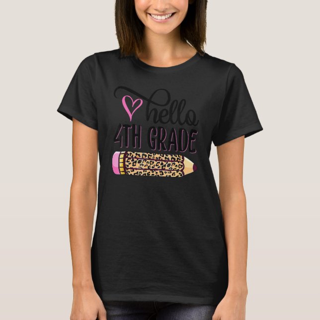 T-shirt Bonjour 4e année Crayon léopard rose retour à l'éc (Devant)
