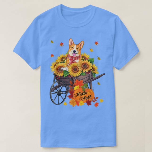 T-shirt Bonjour Automne Corgi Chien Dans Sunflower Feuille (Design devant)