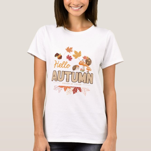 T-shirt Bonjour Automne – Hérisson Mignon &  Design D'auto (Devant)