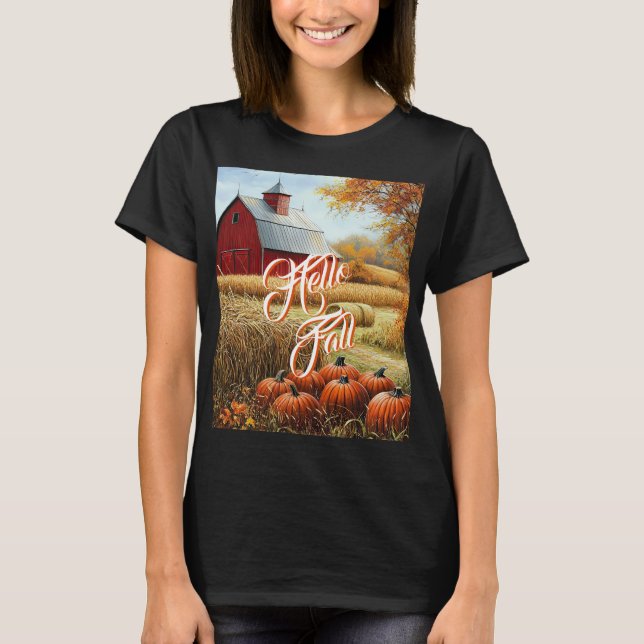 T-shirt Bonjour Automne Thanksgiving Rural Grange Citrouil (Devant)